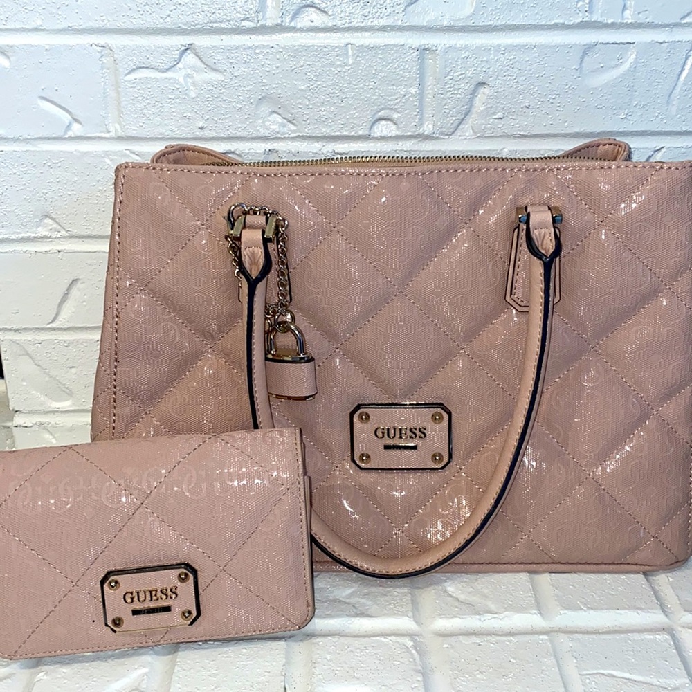 Guess Pink Quilted Tote and Wallet Set